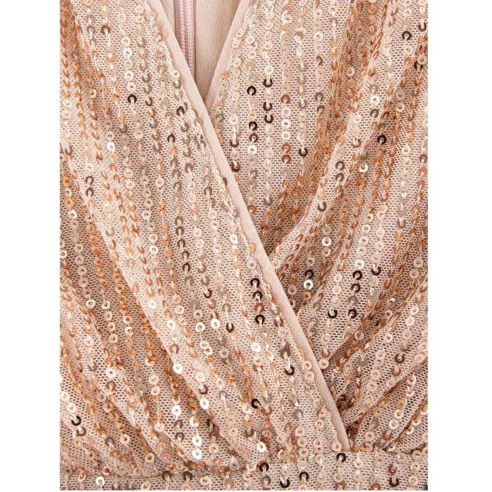 Gold Sequins on Beige V-Neck Surplice Long Sleeve Belted Mini Dress Short - Picture 8 of 11